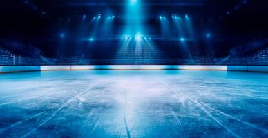 hockey estadio, vacío Deportes arena con hielo pista, frío antecedentes con brillante Encendiendo - ai generado imagen foto