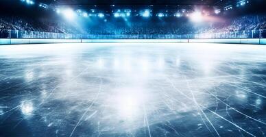 hockey estadio, vacío Deportes arena con hielo pista, frío antecedentes con brillante Encendiendo - ai generado imagen foto