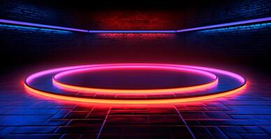 Glowing neon lines, tunnel, neon lights, virtual reality, abstract background, portal, laser show - AI generated image photo