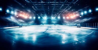 hockey estadio, vacío Deportes arena con hielo pista, frío antecedentes con brillante Encendiendo - ai generado imagen foto