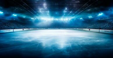 hockey estadio, vacío Deportes arena con hielo pista, frío antecedentes con brillante Encendiendo - ai generado imagen foto