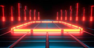 Glowing neon lines, tunnel, neon lights, virtual reality, abstract background, portal, laser show - image photo