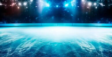 hockey estadio, vacío Deportes arena con hielo pista, frío antecedentes con brillante Encendiendo - ai generado imagen foto