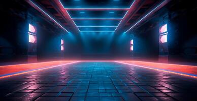 Glowing neon lines, tunnel, neon lights, virtual reality, abstract background, portal, laser show - AI generated image photo