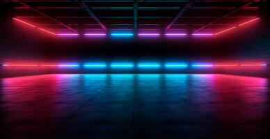 Glowing neon lines, tunnel, neon lights, virtual reality, abstract background, portal, laser show - AI generated image photo