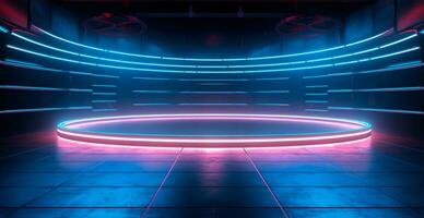 Glowing neon lines, tunnel, neon lights, virtual reality, abstract background, portal, laser show - AI generated image photo