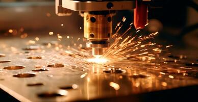 Industrial laser cutting technology, spark flat steel sheet fabrication technology - AI generated image photo