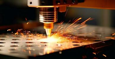 Industrial laser cutting technology, spark flat steel sheet fabrication technology - AI generated image photo