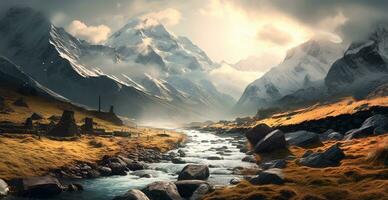 Beautiful summer foggy landscape in the mountains of the Alps, travel in the mountains - AI generated image photo