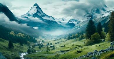 hermosa verano brumoso paisaje en el montañas de el Alpes, viaje en el montañas - ai generado imagen foto