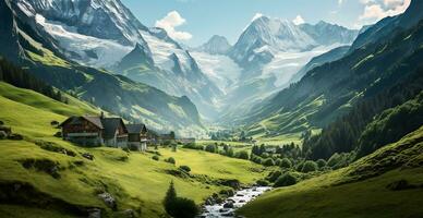 Beautiful summer foggy landscape in the mountains of the Alps, travel in the mountains - AI generated image photo