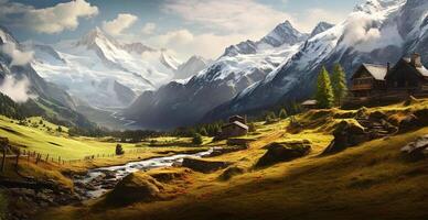 Beautiful summer foggy landscape in the mountains of the Alps, travel in the mountains - image photo