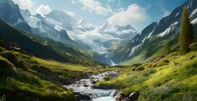 Beautiful summer foggy landscape in the mountains of the Alps, travel in the mountains - AI generated image photo