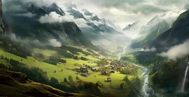 Beautiful summer foggy landscape in the mountains of the Alps, travel in the mountains - image photo