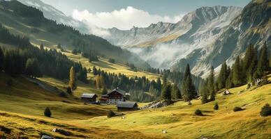 Beautiful summer foggy landscape in the mountains of the Alps, travel in the mountains - image photo