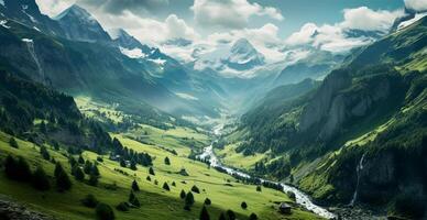 hermosa verano brumoso paisaje en el montañas de el Alpes, viaje en el montañas - ai generado imagen foto