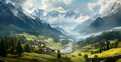 Beautiful summer foggy landscape in the mountains of the Alps, travel in the mountains - AI generated image photo