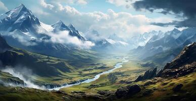 Beautiful summer foggy landscape in the mountains of the Alps, travel in the mountains - image photo
