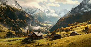hermosa verano brumoso paisaje en el montañas de el Alpes, viaje en el montañas - ai generado imagen foto