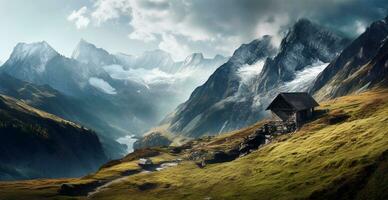 Beautiful summer foggy landscape in the mountains of the Alps, travel in the mountains - AI generated image photo