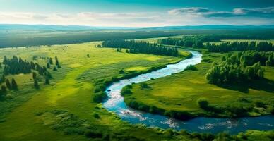 Panoramic top view of a winding river surrounded by dense forest and spacious fields with green grass - AI generated image photo