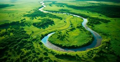 panorámico parte superior ver de un devanado río rodeado por denso bosque y espacioso campos con verde césped - ai generado imagen foto