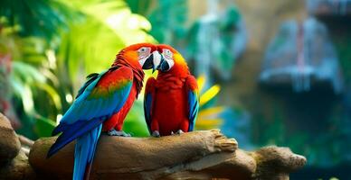 Colored parrots in tropical background - AI generated image photo