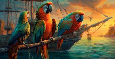 Colorful parrots in tropical background, pirate ship - AI generated image photo