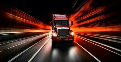 American style truck on the freeway, highway pulling cargo. Transport concept - AI generated image photo