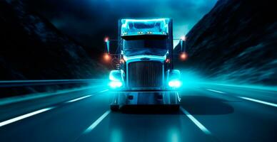 American style truck on the freeway, highway pulling cargo. Transport concept - AI generated image photo