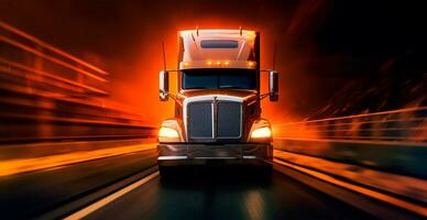 American style truck on the freeway, highway pulling cargo. Transport concept - AI generated image photo