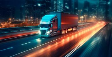 American style truck on the freeway, highway pulling cargo. Transport concept - AI generated image photo