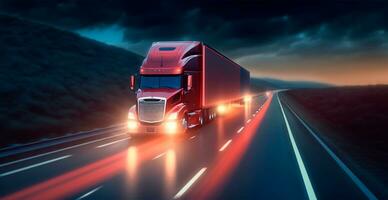 American style truck on the freeway, highway pulling cargo. Transport concept - AI generated image photo