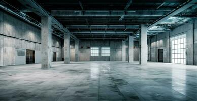 Large light concrete modern empty warehouse - AI generated image photo