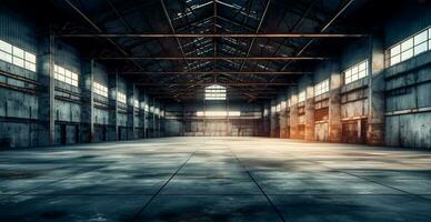 Large light concrete modern empty warehouse - AI generated image photo