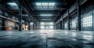 Large light concrete modern empty warehouse - AI generated image photo