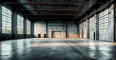 Large light concrete modern empty warehouse - AI generated image photo