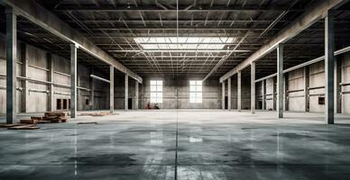 Large light concrete modern empty warehouse - AI generated image photo