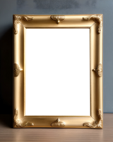 blank golden picture frame on the wooden table. Generative AI png