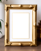 blank golden picture frame on the wooden table. Generative AI png
