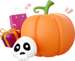 Pumpkin Jack o lantern with skull and gift box, Halloween theme elements 3d illustration png