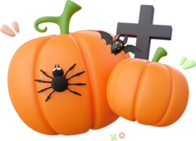 Pumpkin Jack o lantern with cute bat and spider, Halloween theme elements 3d illustration png