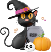 zwart kat met graf en pompoen, halloween thema elementen 3d illustratie png