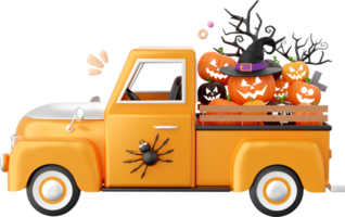 Halloween truck with Jack o lantern pumpkin, Halloween theme elements 3d illustration png