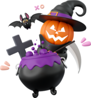 Cute pumpkin ghost with poison pot, Halloween theme elements 3d illustration png