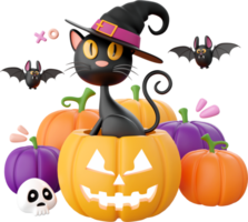 svart katt med domkraft o lykta pumpa, halloween tema element 3d illustration png