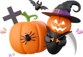 Cute ghost with pumpkin, Halloween theme elements 3d illustration png