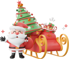 Cute Santa Claus with sleigh and Christmas tree, Christmas theme elements 3d illustration png