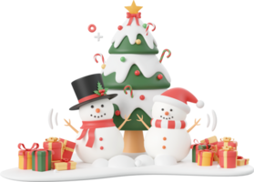 Snowman and Christmas tree on snow ground, Christmas theme elements 3d illustration png