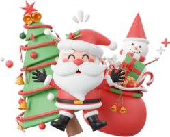 jul träd med santa claus och snögubbe, jul tema element 3d illustration png